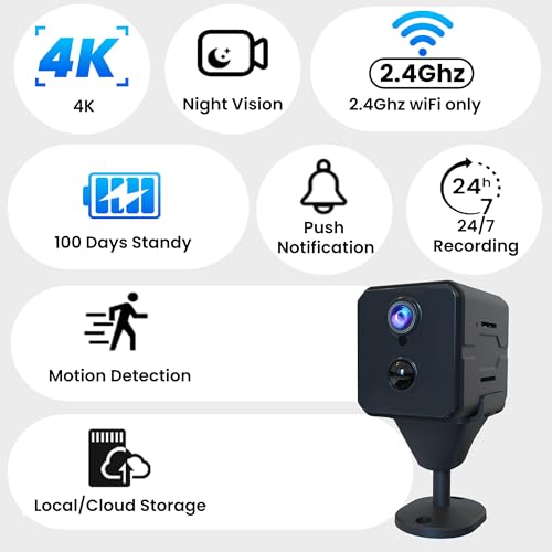 javiscam Mini Camera, 4K HD Nanny Cam for Home with Longer Battery Life, Motion Detection, App Control, Cloud & SD Storage, Wireless Camera for Pet/Baby/Nanny Surveillance