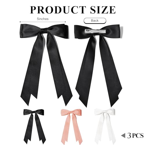 Zurligi 3 PCS Silky Satin Bows Hair Clip, Hair Ribbon Ponytail Holder Accessories Slides Metal Clips, Double Ribbon Accessories for Women Girls Toddlers Teens Kid (3 Colors)