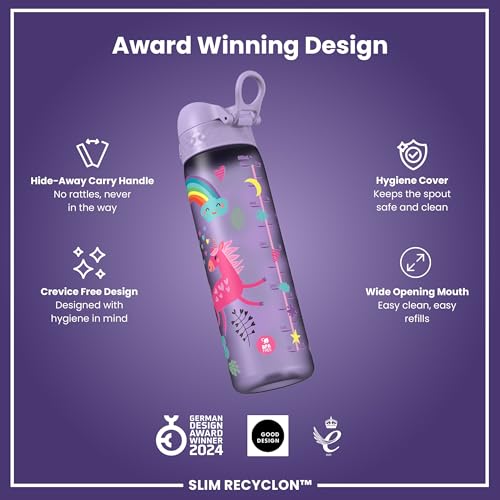 ION8 Water Bottle, 500ml/18oz, Slim Leak-proof & BPA-Free Drinking Bottle, Secure Lock Prevents Spills, Dishwasher Safe, Carry Handle, Ideal for Adults & Kids - Travel, Gym & School, Purple, Unicorns