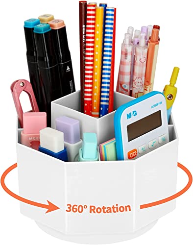 TNTAIAHL Desk Organizer, 360-Degree Rotating Pen Pencil Holder, 5 Compartments Desktop Stationary Organizer, Home Office Art Supply Storage Box Caddy (WHITE)