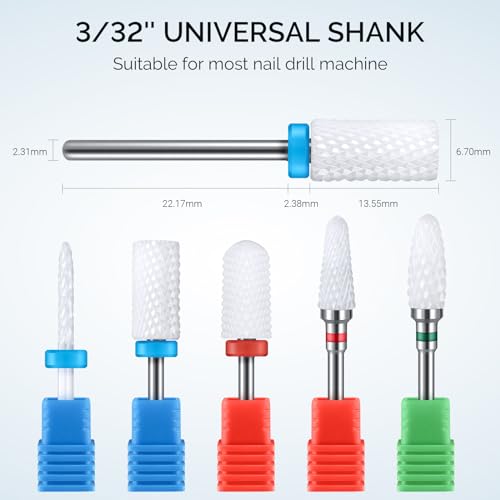MelodySusie Professional Ceramic Nail Drill Bits Set - Acrylic Nail File Drill Bit Machine 3/32 Inch for Manicure Pedicure Cuticle Gel Nail Polishing, 5pcs