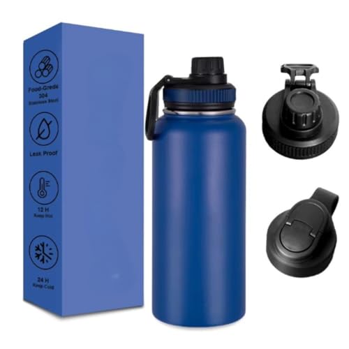 Thermos Flask Insulated Water Bottle 24oz with Straw-Brush-3 Lid-handle, Triple Wall Vacuum Stainless Steel Water Bottle Sports Jym Office school kids Water Bottle keep Hot Cold Water Bottle 700 BLUE
