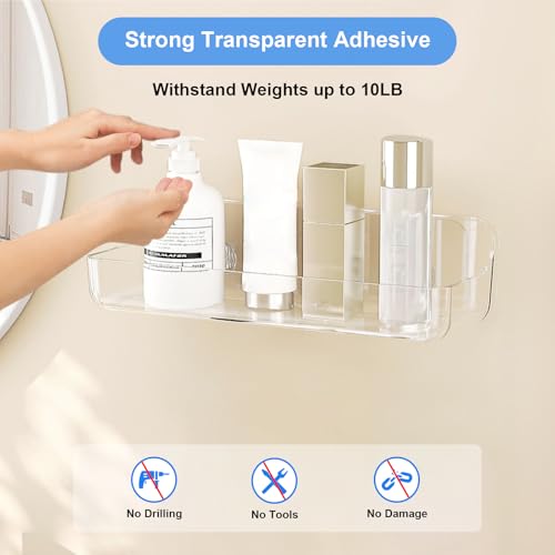 Diesisa Acrylic Wall Mounted Shower Caddy, Clear, 12.4" x 3.42" x 3.26" Acrylic Shelf, No Drilling Hang Walls Adhesive Shelf, Acrylic Bathroom Shelves with Self Adhesive Tape for Bathroom, Kitchen