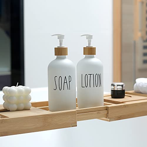 MOMEEMO White Soap Dispenser Bathroom Set, Bathroom Soap Dispenser Set with Glass Soap Dispenser, Bamboo Pumps & Tray. Soap and Lotion Dispenser Set Suitable for Bathroom Accessories Decor. (White)