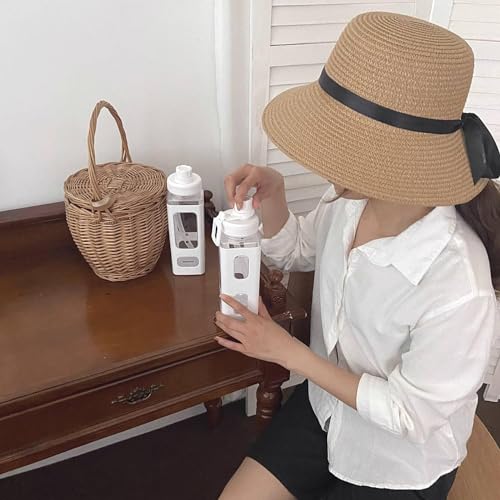 ChicAbode Large Kawaii Water Bottle with Straw and Sticker, Cute Bear Water Bottles, Portable Square Drinking Bottle, Leak Proof Juice Tea Water Cup, for Women and Girl, White, 900ml, 30oz