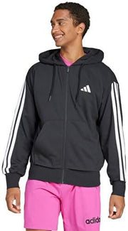 Men's Essential Three Stripes French Terry Fullzip Hoodie Hooded Sweatshirt (pack of 1) - BLACK/WHITE