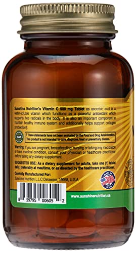 Sunshine Nutrition Vitamin C 500Mg, 100 Tablets | Antioxidant | Gluten Free | Dietary Supplement