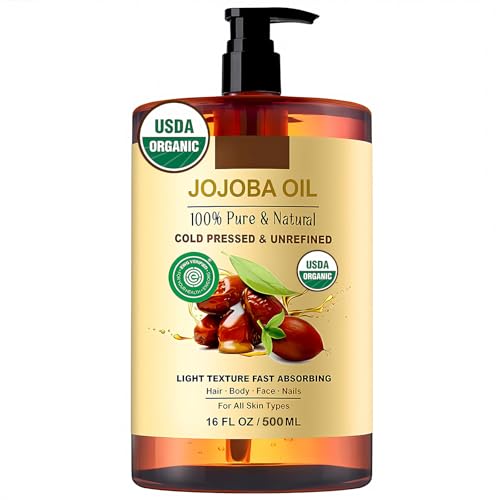Nigwedete Organic Jojoba Oil (500 ml), USDA Certified, 100% Pure Natural Large Capacity Body Oil for Skin Face and Hair, Deep Moisturizing Anti-Aging Cold Pressed Unrefined for Women