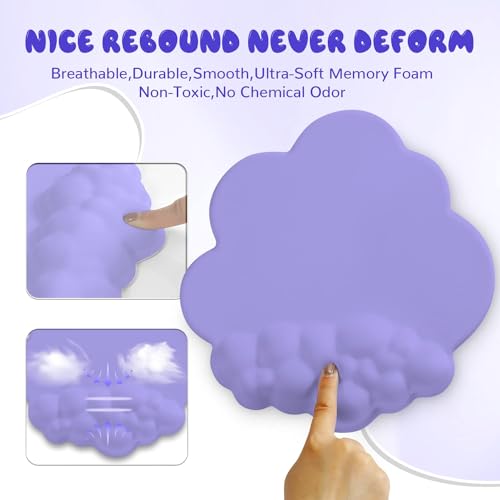 NALACAL Cloud Mouse Pad Wrist Support Keyboard Wrist Rest Set with Ergonomic Memory Foam,Non-Slip Base,Cloud Coasters for Home,Office,Laptop,Desktop Computer,Easy Typing Pain Relief-Purple