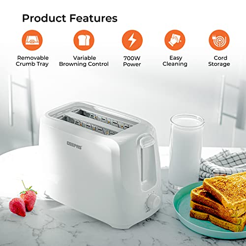 Geepas 2 Slice Bread Toaster, Variable Browning Setting, GBT36515 | Cancel Function | Removable Crumb Tray | Wide Slots and High Lift Feature | Cord Storage