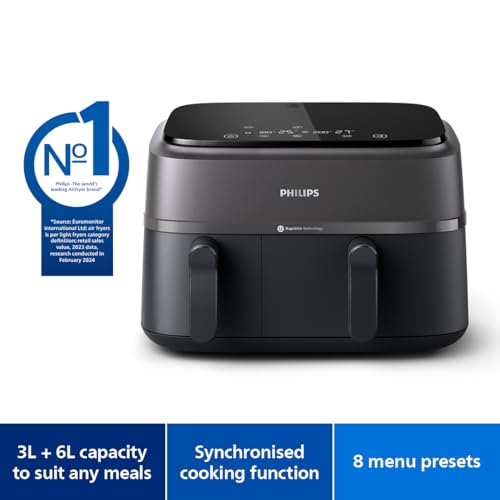 Philips Dual Basket AirFryer 3000 Series - 2750W, 9L Capacity, 2 Basket Drawers, 8 Presets Touchscreen, Black - NA350/00