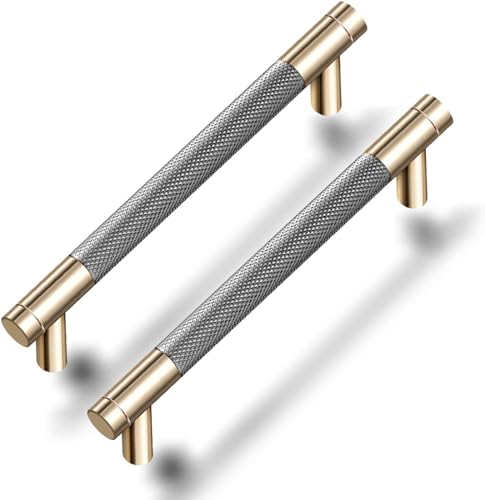 TNTAIAHL 6 Pack Cabinet Handles 6.2'' Modern Grey & Gold Aluminum Cabinet Pulls Knurled Diamond Pattern Drawer Hardware for Kitchen Cupboard Door and Bathroom (5" Hole Center)