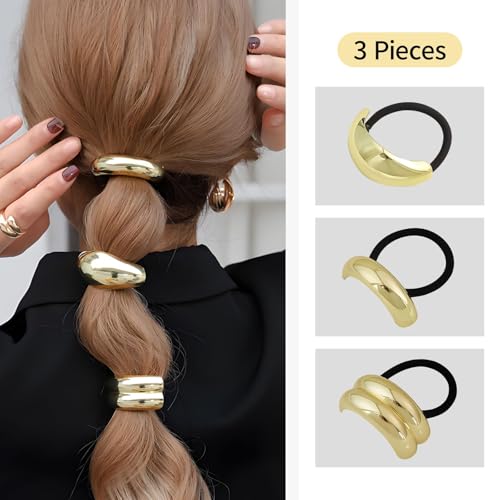 COOLive 3Pcs Metal Hair Ties,Metal Geometric Elastic Hair Ties,Ponytail Hair Cuff,Gold Hair Ties,Gold Hair Cuff Wrap for Thick Hair Gold Ponytail Cuff Elastic Hair Ties for Women Hair Accessories