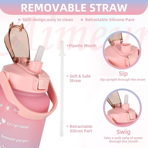 3 Pack Sports Water Bottle With Straw,2L+900ml+500ml Measured Plastic Drinking BPA Free Non-Toxic Sports Drinks Time Markings Motivational Fitness (Pink)