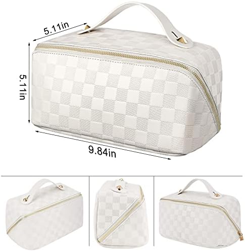 ALEXTINA Large Capacity Travel Cosmetic Bag - Portable Makeup Bags for Women Travel Toiletry Bag Waterproof Leather Checkered Makeup Organizer Bag, Roomy Cosmetic Bag for Women and Girls, Black,