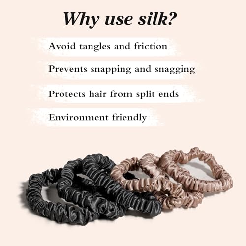 QIYUE 100% Mulberry Silk Scrunchies for Hair,Hair Ties Ropes Ponytail Holder for Women Girls Hair Accessories Decorations??air Elastics Bands (litegold black)