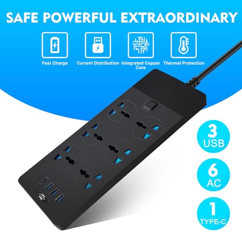 SKY-TOUCH Power Strips Extension Cord 6 Outlets, UK Plug Universal Plug Adapter with 3 USB & 1 Type-C Ports Surge Protector, Charging Socket with 2M Bold Extension Cord (Black)