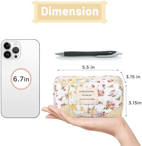 Sminra Floral Makeup Bag Large Cotton Quilted Cosmetic Makeup Bag Organizer, Aesthetic Portable Pouch Purse Toiletry Bag for Women Girls Travel accessories(Blue Floral-L)