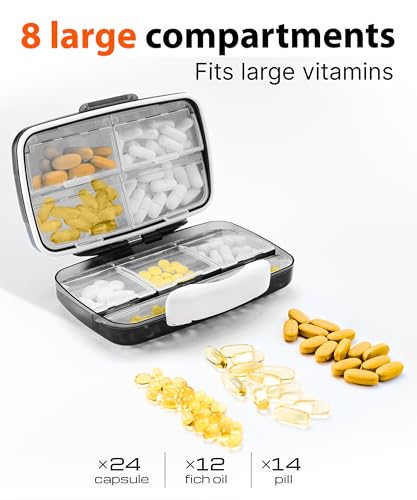 BEXEEN Pill Organizer Airtight Pill Box Large Pill Dispenser Home Travel Supplement Holder Portable Vitamin Sorter Jumbo Size 8 Compartment Airtight Vitamin Container Daily Medicine
