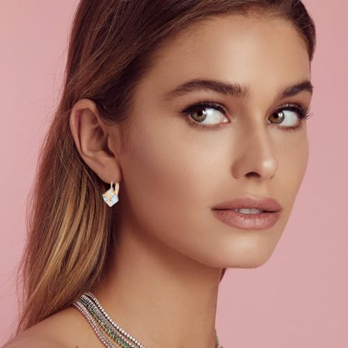 Cube Austrian Crystal Drop Leverback Earrings for Women Fashion 14K Rose Gold Plated Hypoallergenic Jewelry