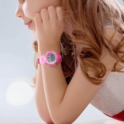 KASTWAVE Kids Digital Sport Watch for Boys Girls, Kid Waterproof Electronic Multi Function Casual Outdoor Watches, 7 Colorful LED Luminous Alarm Stopwatch Wristwatch, Pink