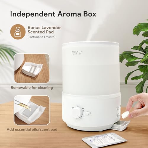 ASAKUKI Humidifiers for Bedroom Home, 3L Top Fill Cool Mist Air Humidifiers for Baby Nursery & Plants, 3-IN-1 Quiet Oil Diffuser & Night Light for Large Room, Auto Shut-off, BPA-Free, 30H