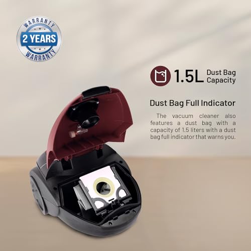 Geepas GVC2594 Vacuum Cleaner with Dust Bag, 2200W - 1.5L - Powerful Suction - Dust Full Indicator | Flexible Hose with Airflow on Handle | Pedal Switch and Auto-Rewinding Wire | 2 Years Warranty