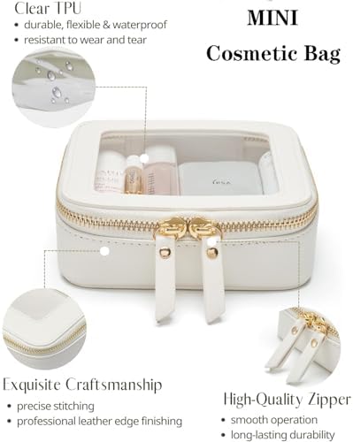 Small Cosmetic Bag for Purse Mini Makeup Bag for School Cute Clear Make Up Pouch for Travel Tiny Leather White Make Up Organizer Case for Backpack Toiletry Bag Waterproof Square Pouch with Zipper