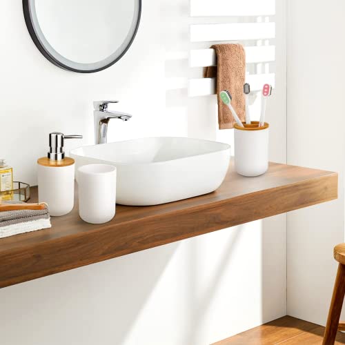 Mimelon® 6-pcs Bathroom Accessory Set, | Bamboo Black Bathroom Set Includes Toothbrush Cup & Holder, Soap Dispenser, Soap Dish, Durable Toilet Brush with Holder - Modern Trash Can (WHITE)
