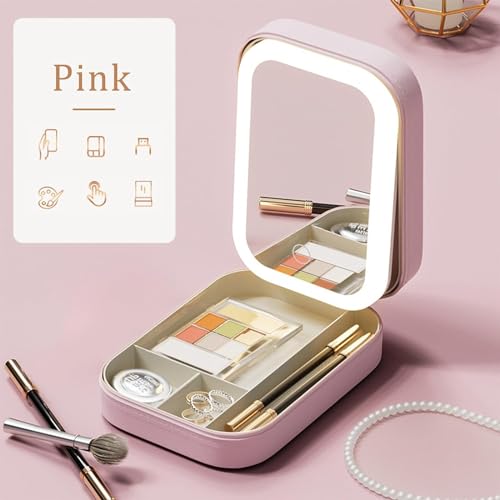 Tufexigo Travel Makeup Case with LED Mirror, Makeup Bag with Lighted Mirror, Cosmetic Train Storage Box, Portable Organizer Vanity Case for Women Beauty Tools Accessories Rechargeable (Pink)