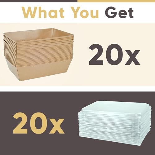 Tazweeq 20 Pack Charcuterie Boxes with Clear Lids, Disposable Paper Bakery Boxes, Food Containers to Go for Strawberries, Cupcakes, Pizza, Donuts, Party, Wedding, Outdoors and Home Use (19*8.5*6.5cm)