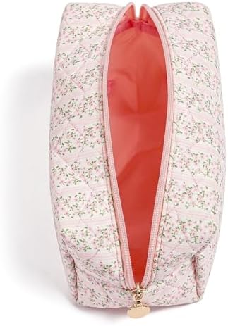 Makeup Bag, Travel Cosmetic Bag for Women Girls, Zipper Make Up Pouch, Floral Flowers Toiletry Organizer Makeup, Portable Storage Bag (Pink)