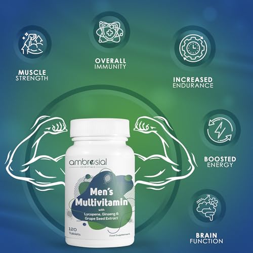 Ambrosial Men's Multivitamin with Lycopene, Ginseng & Grape Seed Extract That Supports Muscle Strength, Immunity, Energy and Endurance (Pack of 1-120 Tablets)