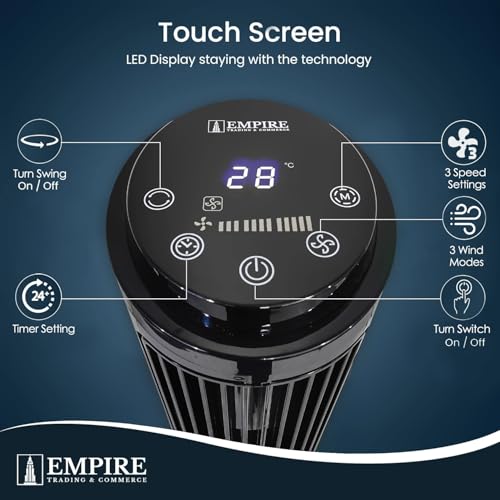 Empire 41inch Tower Fan with LED Display, Remote Control Fan for Bedroom with Timer Function, 50W Cooling Fan with 3 Speeds, Perfect 75° Oscillating Fan for Home, Living Room & Office (Black)