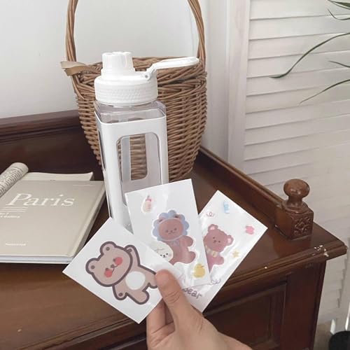 ChicAbode Large Kawaii Water Bottle with Straw and Sticker, Cute Bear Water Bottles, Portable Square Drinking Bottle, Leak Proof Juice Tea Water Cup, for Women and Girl, White, 900ml, 30oz