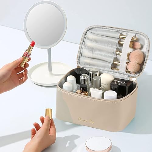 LYNSAY Makeup Bag Travel Cosmetic Bags Multifunction Organizer Storage Bag Toiletry Bag Leather Waterproof Bag for Women for Women Girls Pouch Cute (beige)