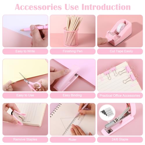 auroray 13 in 1 Pink Office Supplies, Pink Desk Accessories for Women with Stapler,Tape Dispenser,1000 Staples,Pen Holder,Staple Remover,Clips,Ruler,Scissors, Tabs,Tape,Ballpoint Pen