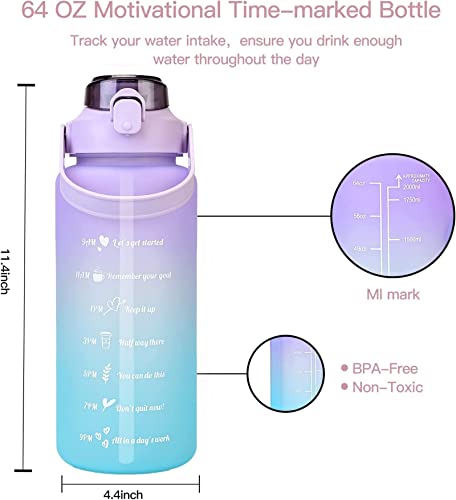 2L Water Bottle with Straw 64 Oz Motivational Sports Water Bottle with Time Capacity Marker BPA Free Big Large Gym Cycling Water Bottle Cup Jug for Kids School Outdoor Fitness (Lavender Sapphire)
