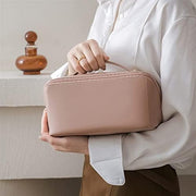 WBOOO Large Capacity Travel Cosmetic Bag, Multifunction Organizer Storage Bag, Makeup Bag with Handle and Dividers, Skincare Dispenser, Toiletry Bag for Women, 9.25x4.13x4.33 inch - Beige.