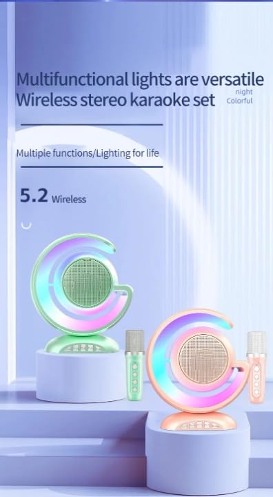 REBENUO YS -110 New Portable Speaker Small TWS Bass Speaker With Double Wireless Microphone Dazzling Lights Moon shaped ornaments. White