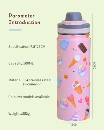 Water Bottle for Kids 500ML Water Bottle for Kids School Stainless Steel Water Bottle, BPA-Free Leakproof and Durable Hot Cold Liquids Sports School Bottle (Ice Cream Pink)