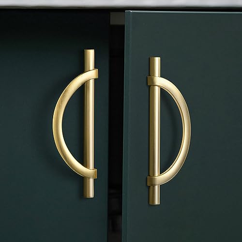 Cabinet Pulls, Brushed Golden Drawer Handles, 2Packs Bronze Kitchen Door Cupboard Cabinet Handles, Half Moon Shape Creative Cabinet Pulls for Cupboard Door and Bathroom, 5Inch (128MM) Hole Center