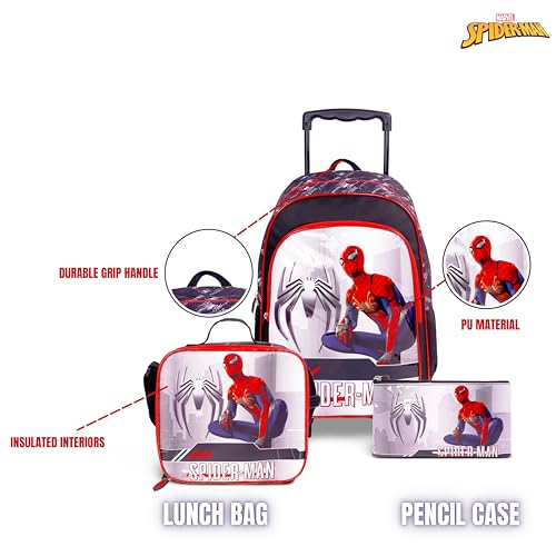 TRUCARE Marvel Spider Man 18 Inch Kids 3-in-1 Trolley School Bag Set - Ergonomic Backpack, Insulated Lunch Bag & Pencil Case,Lightweight, Durable, Students 6+ - Perfect for Travel & School,For Boys