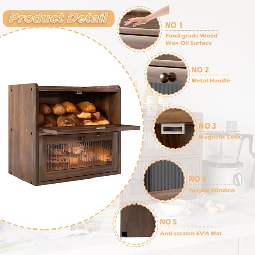 Alpeir Double Layer Large Bread Box for Kitchen Counter, Wooden Corner Bread Storage Container with Acrylic Window, Retro Brown