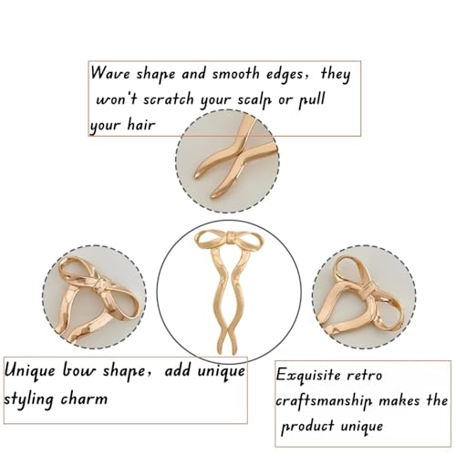 Beynant 2PCS Vintage French Hair Forks for Women U Shaped Updo Metal Hair Pins for Long Thick Hair,Large Gold Bow 2 Long Prong Bun Twist Hair Sticks,Medium Hair Accessories for Women
