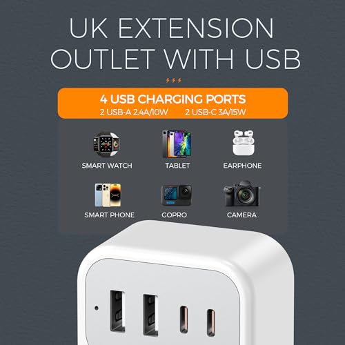 TESSAN Double Plug Adaptor with 4 USB(2 USB C), 2 Way Multi Plug Extension Adapter, UK 13A Fuse Multiplug Sockets Power Extender for Home, Kitchen, Office, School Supplies
