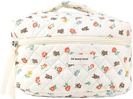 Juoxeepy Cotton Makeup Bag Large Travel Cosmetic Bag Quilted Cosmetic Pouch Coquette Aesthetic Floral Toiletry Bag, A-White, 10x5.9x5.3in