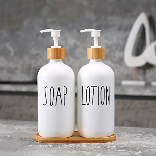 MOMEEMO White Soap Dispenser Bathroom Set, Bathroom Soap Dispenser Set with Glass Soap Dispenser, Bamboo Pumps & Tray. Soap and Lotion Dispenser Set Suitable for Bathroom Accessories Decor. (White)