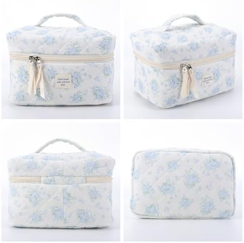 Lushandy 3 Pcs Quilted Floral Makeup Bag Set Cute Cosmetic Bag Coquette Aesthetic Makeup Bag Large Travel Makeup Organizer Toiletry Bag