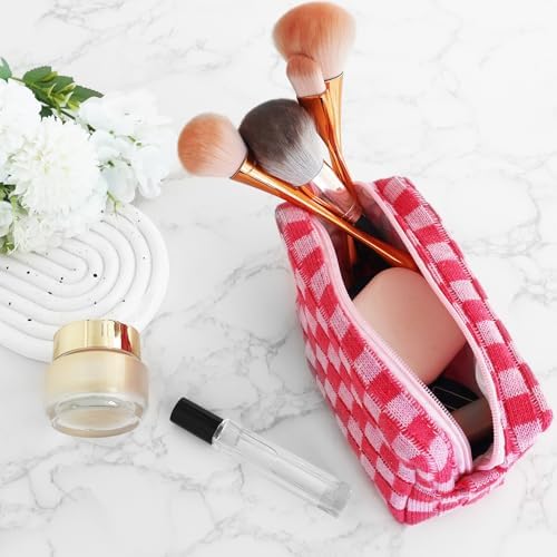 ZLFSRQ 3Pcs Checkered Makeup Bag for Women Large Cosmetic Bag Set Travel Toiletry Bag Makeup Pouch Bag for Purse Pink Zipper Storage Bag Organizer Cute Small Aesthetic Girls Car Essentials Bag